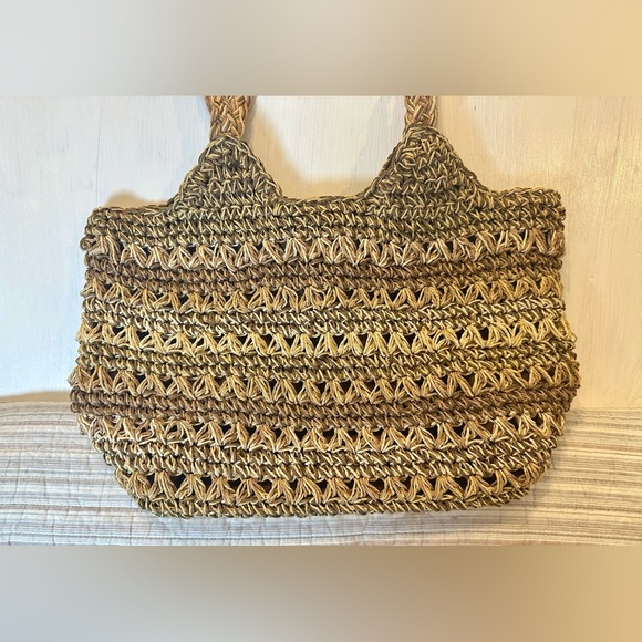 Blue Miami Straw Tote Bag Woven Boho Beach Purse Shell Accent 17”x10” - Picture 4 of 12